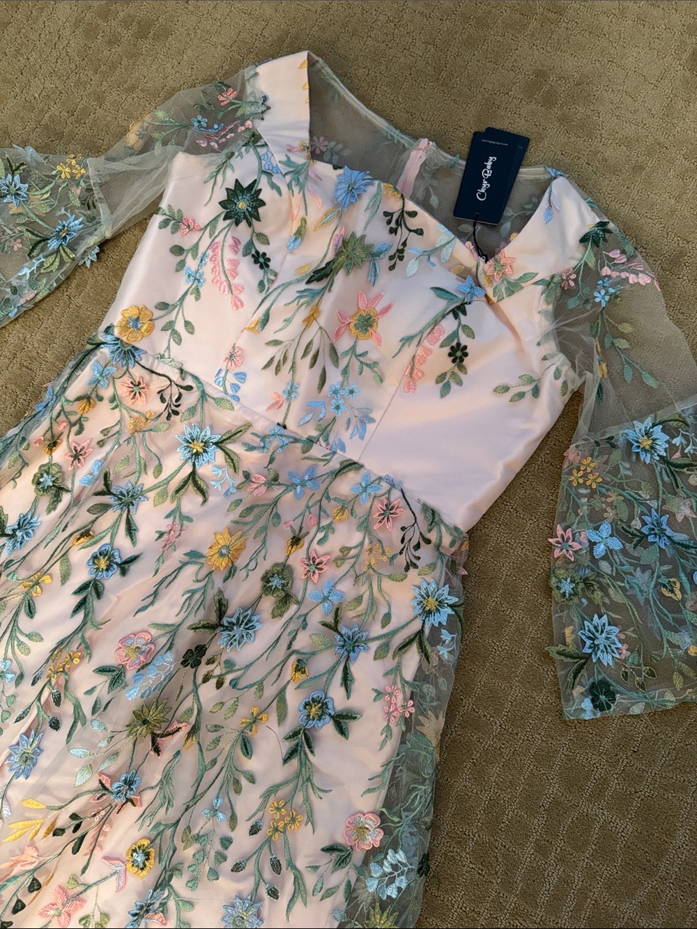 Charming Pink Floral Midi Dress with Green Lace Overlay - Picture 2 of 3